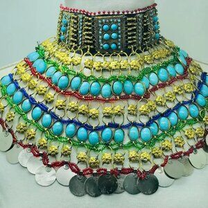 Vintage Turquoise Coin Choker: Kuchi Tribal Necklace